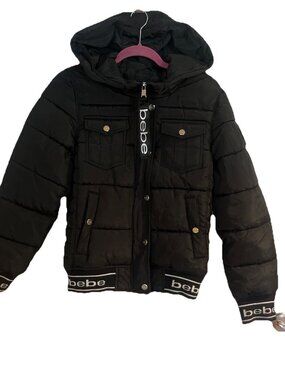 Y2K Bebe size S/P black cropped puffer jacket missing fur Rhinestone logo